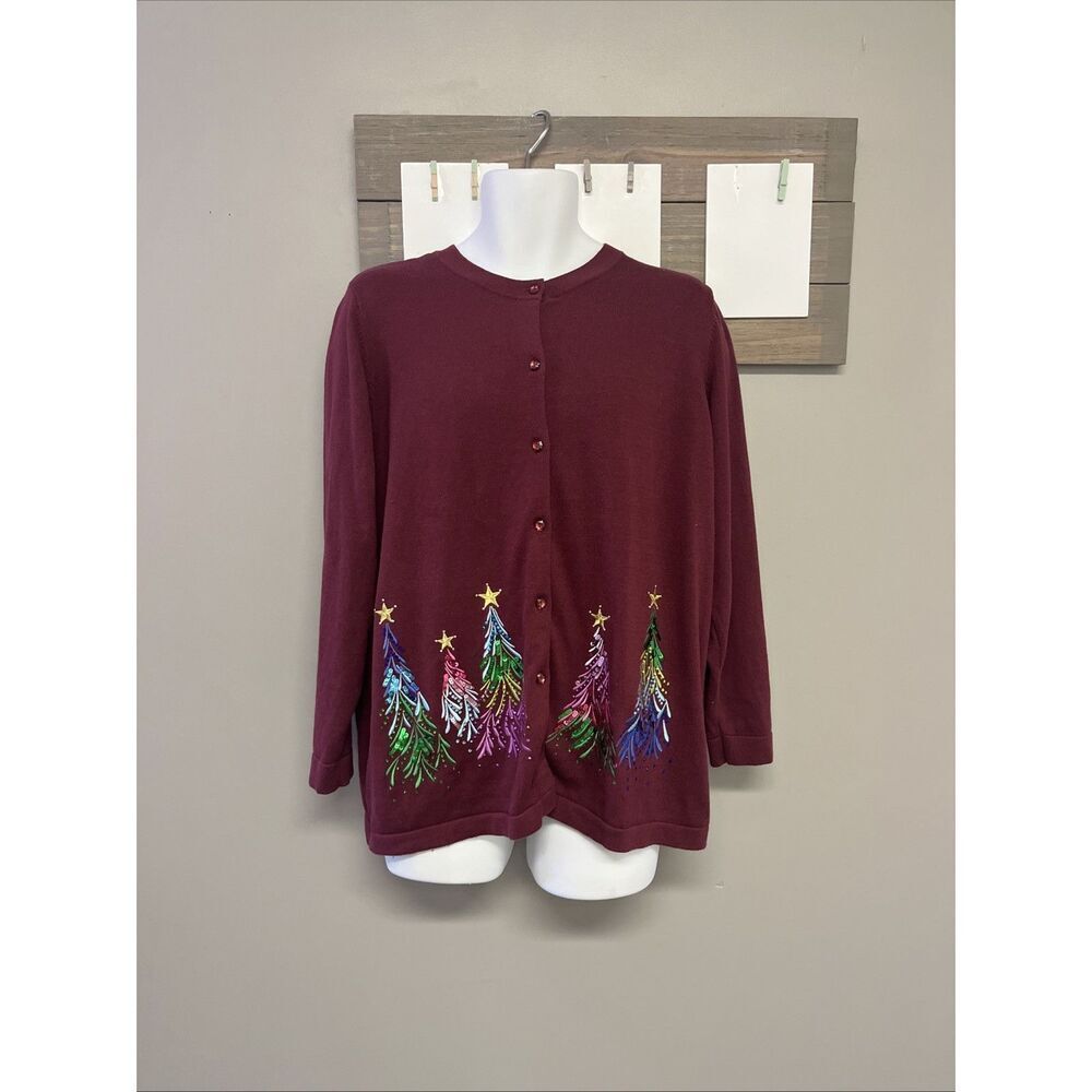 Quacker Factory Women’s Red Cardigan Sequins Tree Embroidered Long Sleeves Large
